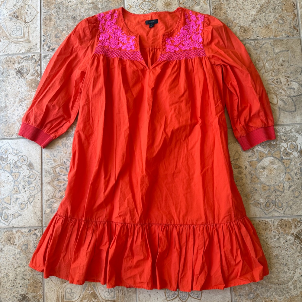 J.Crew Embroidered Popover Dress with Ruffle Hem